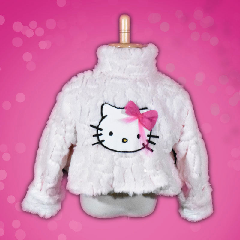 free hello kitty inspired fur jacket, fur jacket to wear over princess dress, fur jacket for halloween costume, fur coat for girls, high waisted fur jacket for costumes soft fur coat, girls small fur coat, 